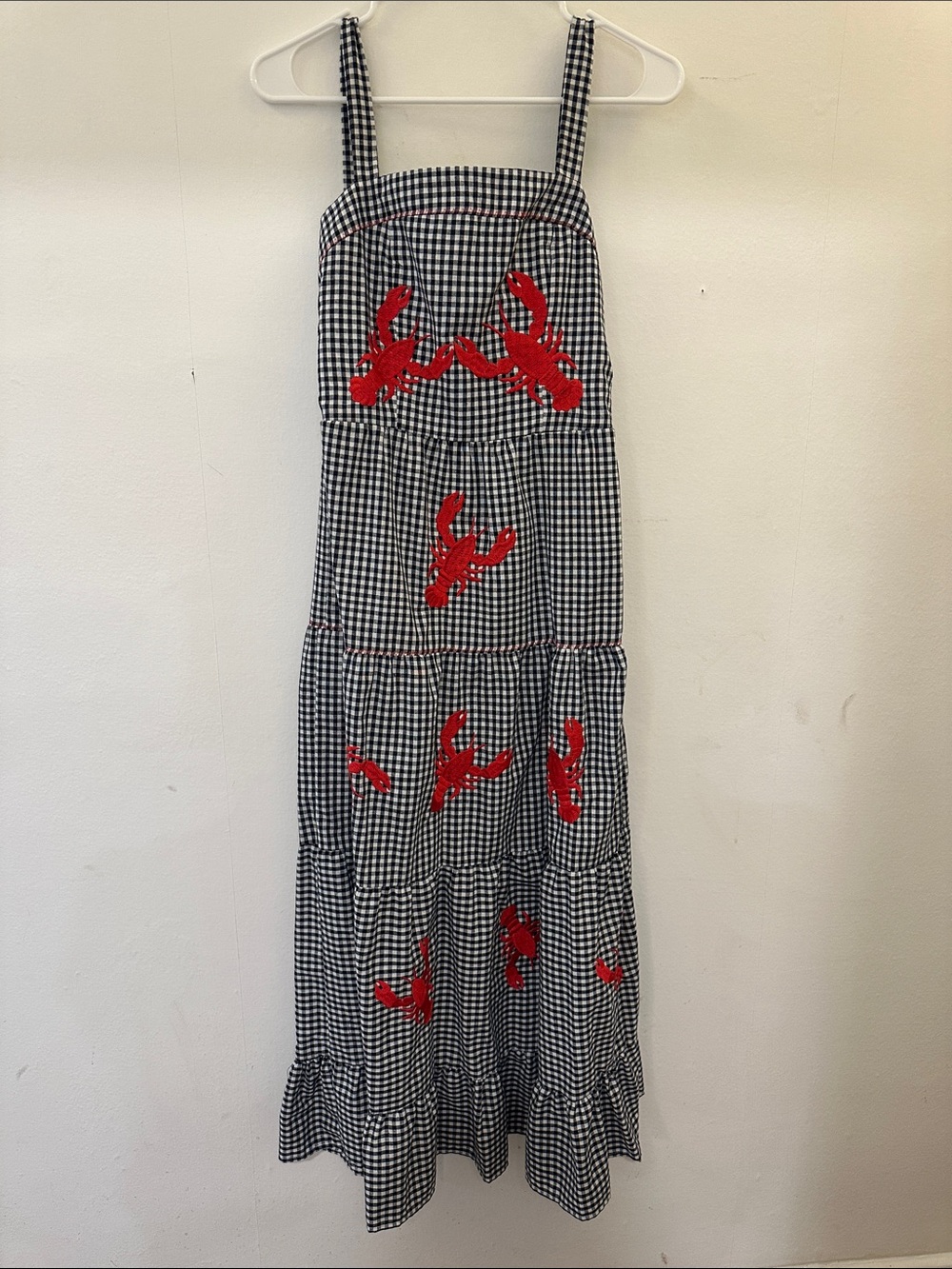 Lulu's Black and White Gingham Maxi Dress with Red Lobster Embroidery